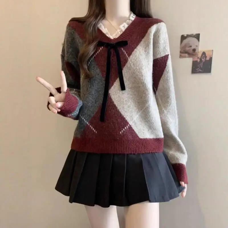 

Женский свитер, новый пуловер, трикотаж, женская одежда, топы, мода Y2K Kawaii, теплый аргайл, бант, кружевная отделка, свободный повседневный длинный рукав