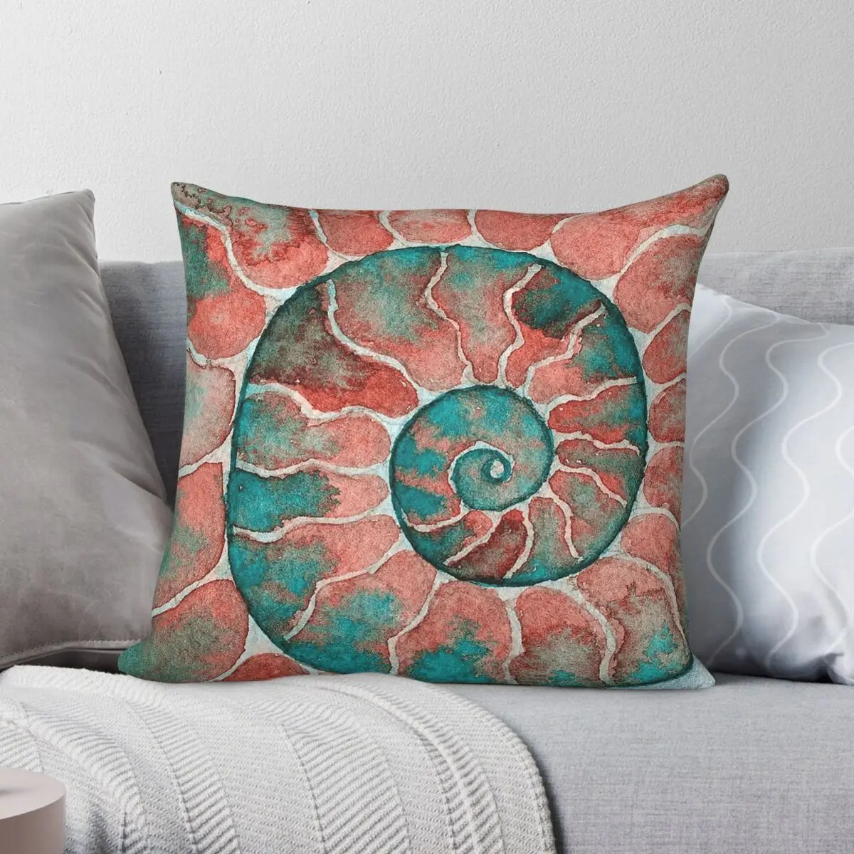 Pink Teal Ammonite Fossil Square Pillowcase Polyester Linen Velvet Creative Zip Decor Home Cushion Cover 45x45
