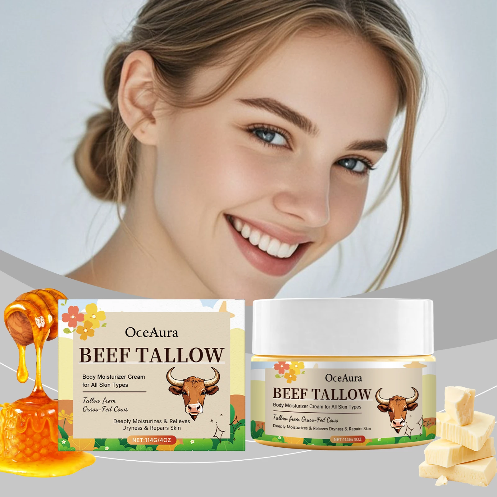 OceAura Organic Grass-Fed Beef Tallow Balm with Raw Honey Moisturizer Deep Hydration Improve Dryness Soft Beef Tallow Honey Balm