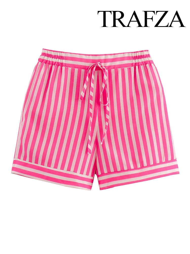 

TRAFZA Summer Women Elegant Elastic Waist Casual Shorts Woman New Chic Drawstring Bow Lace-up Pink Striped Pockets Mini Shorts