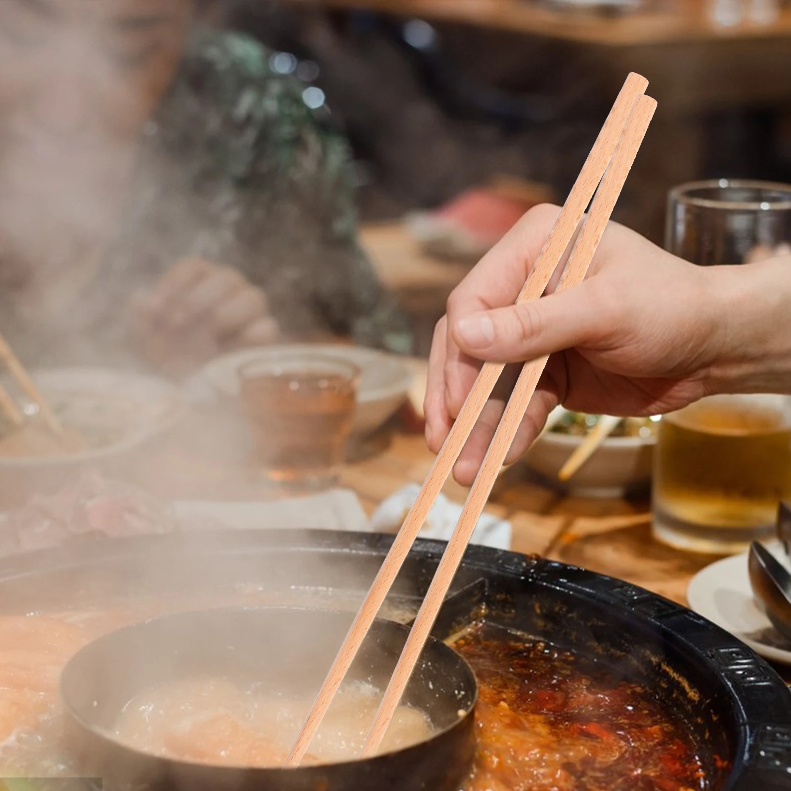 

2 Pairs Long Chopsticks Cooking Hot Pot Stainless Steel Wood Bamboo Extra Length Serving Utensils Design Avoid Burns