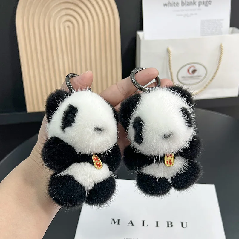 Bonito pequeno Panda Plush Pingente Chaveiro, Cabelo vison, Bolsa Pingente, Brinquedo High End, Jóias Interior do carro, Presente Cadeia Carteira