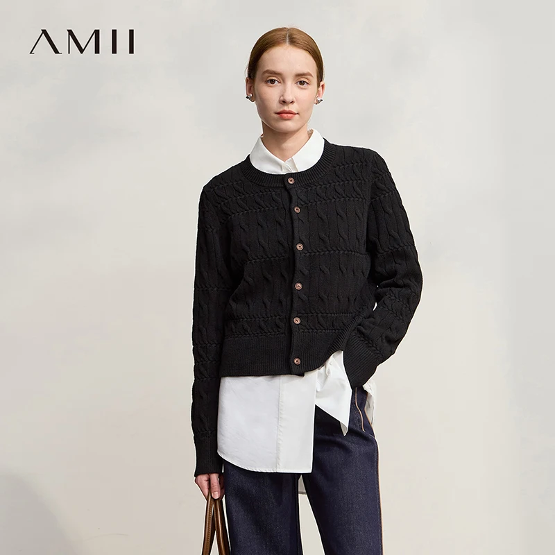 

AMII кардиганы женские 2025 зимние новые повседневные прямые кардиганы с круглым вырезом для женщин винтажный элегантный короткий вязаный топ 12544197