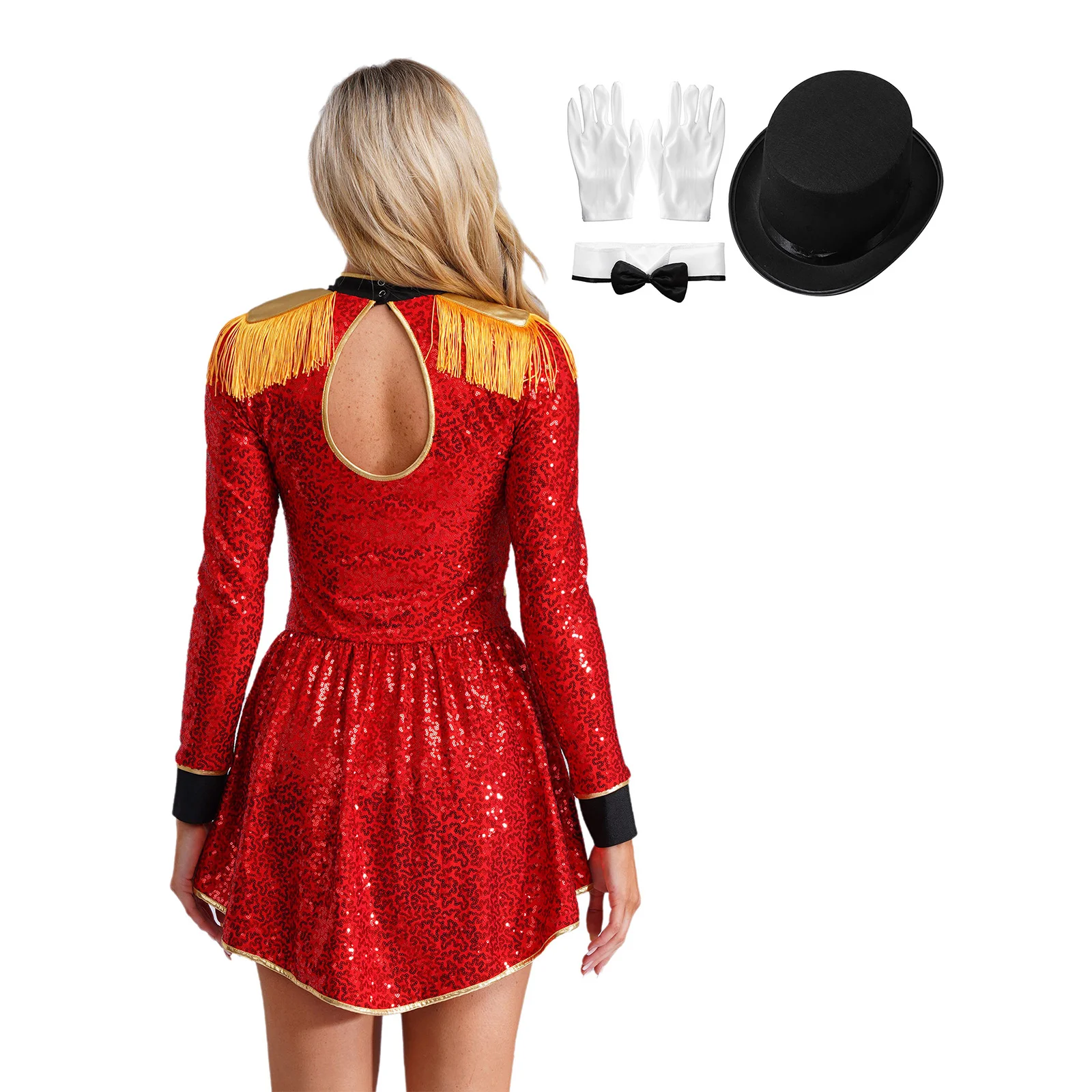 Women Circus Magician Performance Costume Dance Outfit Fringe Epaulet Sequins Bodysuit Dress with Hat Bow Collar And Gloves Set