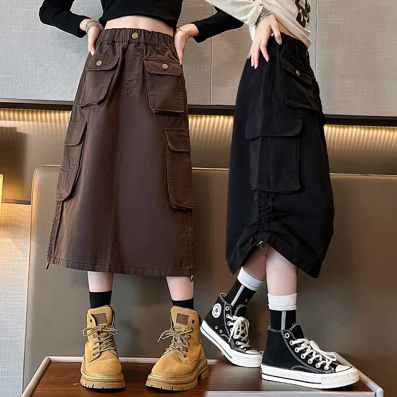 Teen Girls Skirts for Kids Casual Vintage Side Drawstring Cargo Skirt Cotton Fashion Streetwear A-Line Skirt Child Clothes 5-14Y