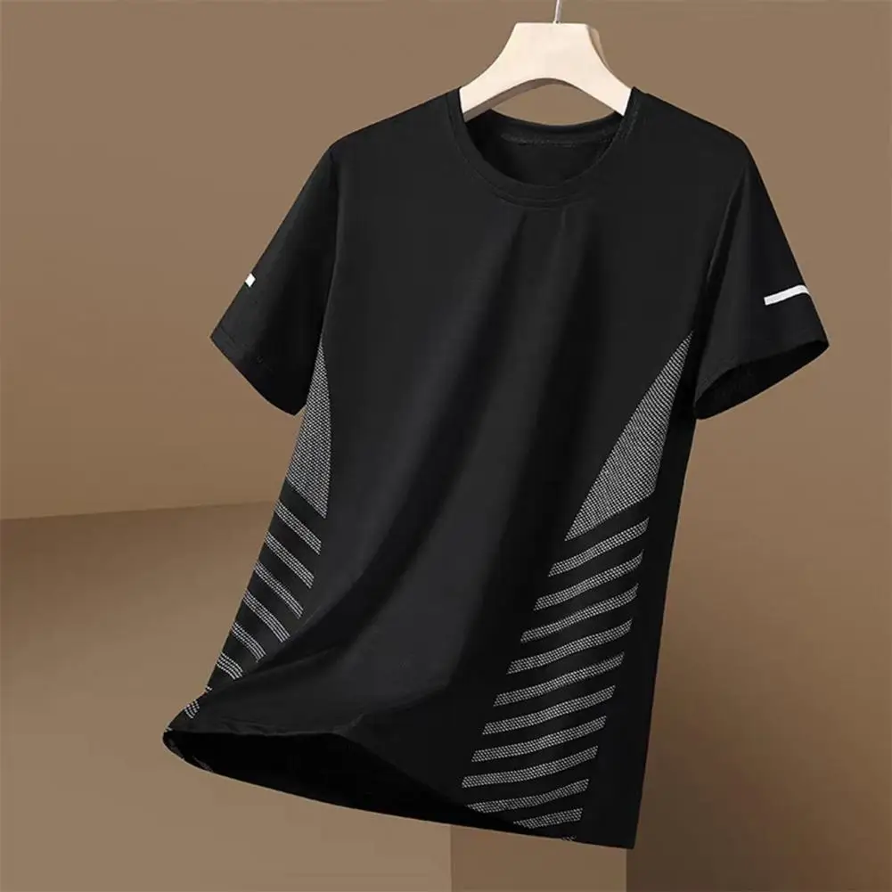 Short Sleeve Casual Top Men's Summer Ice Silk Quick-drying Mesh T-shirt with Contrast Color Plus Size O Neck Loose Fit for Daily