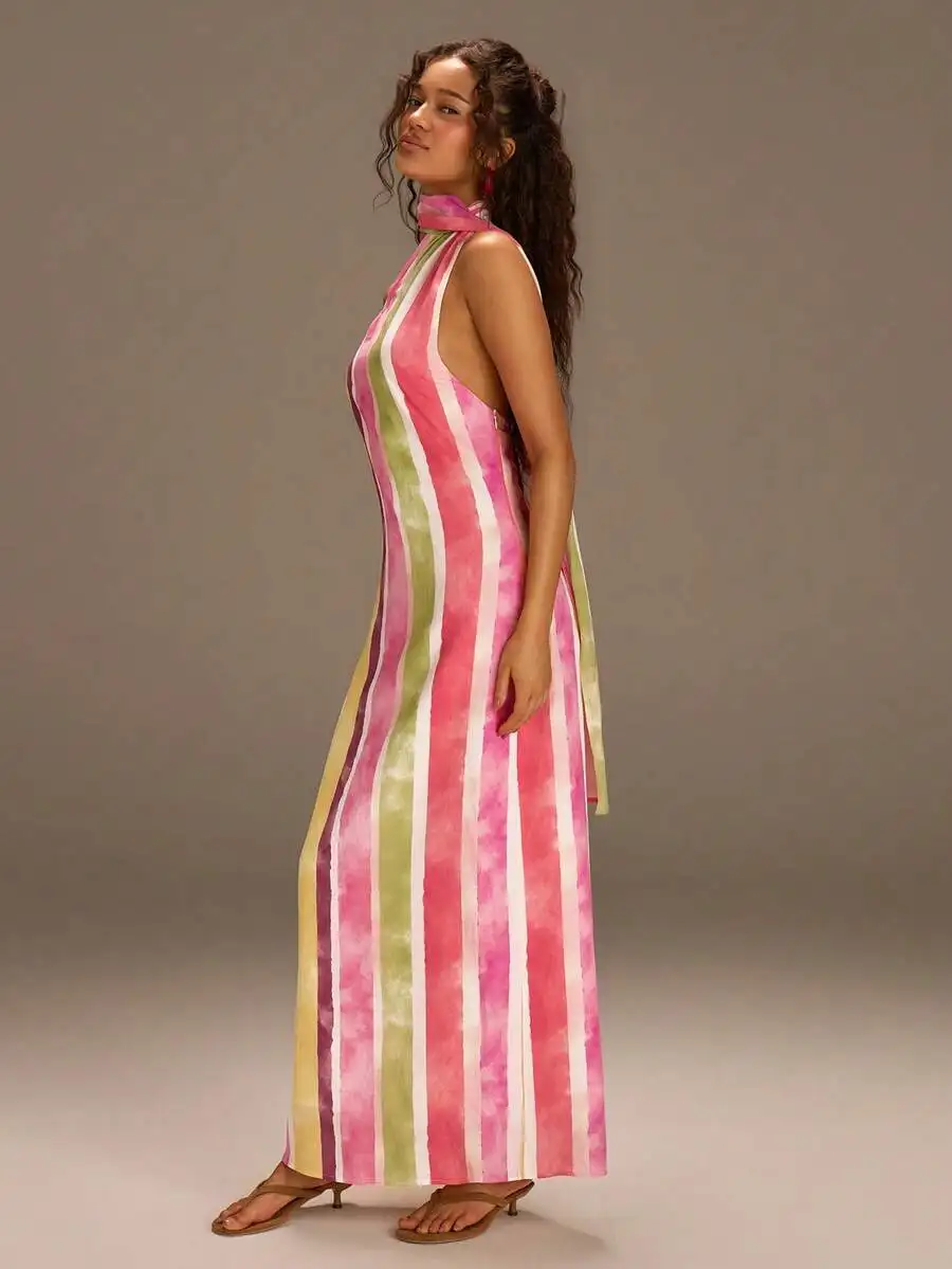 

Womens Colorful Striped Halter Neck Sleeveless Long Dress For Vacation Beach Summer