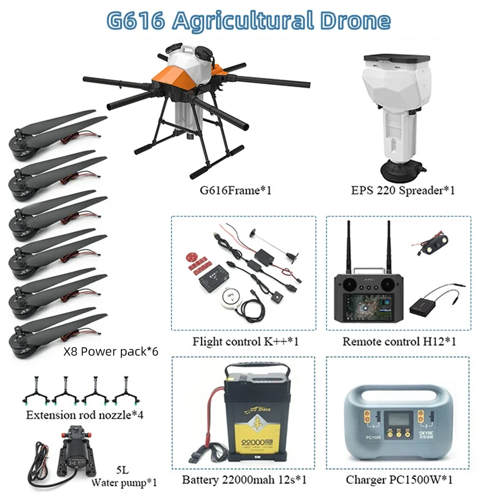 NEW EFT G616 6 Axis 16L 16kg Agricultural Spray Drone Brushless Water Pump with Skydroid H12 K++ V2FC X8 Power Kit