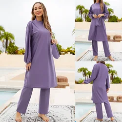 Costume da bagno viola da donna per Burkini costume da bagno musulmano costume da bagno a maniche lunghe in tre pezzi Scuba surf costume da bagno conservatore