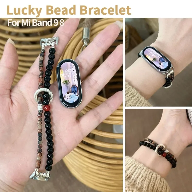 Chinese Style Lucky Bead Bracelet for Xiaomi Mi Band 9 8 Double Row Elastic Watchband for Mi 9 NFC Replacement Strap Accessories