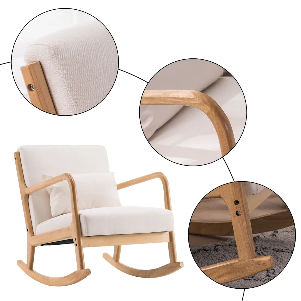 Fabric Oak Sofa Rocking Chair Footstool Set 1 Rocking Chair 1 A-Type Footrest Stool Beige Comfortable and Durable