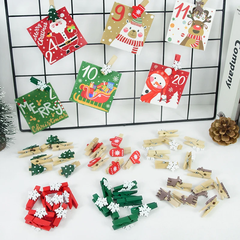 20pcs Christmas Wooden Clip Xmas Tree Snowflake Elk Photo Clips Clothespins Gift Bag Clips Christmas New Year Party Decorations