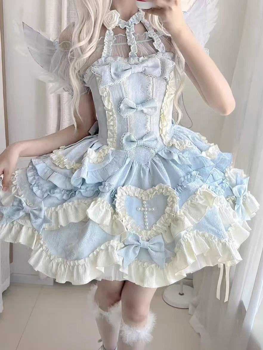 

2026 Sweet Lolita Bow Dress Women Sleeveless Japanese Strap Lace Kawaii Ruffle Evening Party Outfits Trendy Fashion Daily Wear