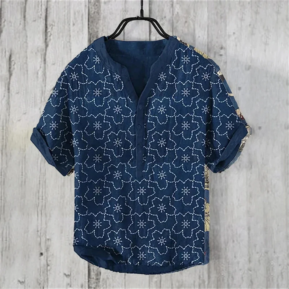 Summer men's short-sleeved V-neck short-sleeved linen printed shirt European and American popular elements large size shirt