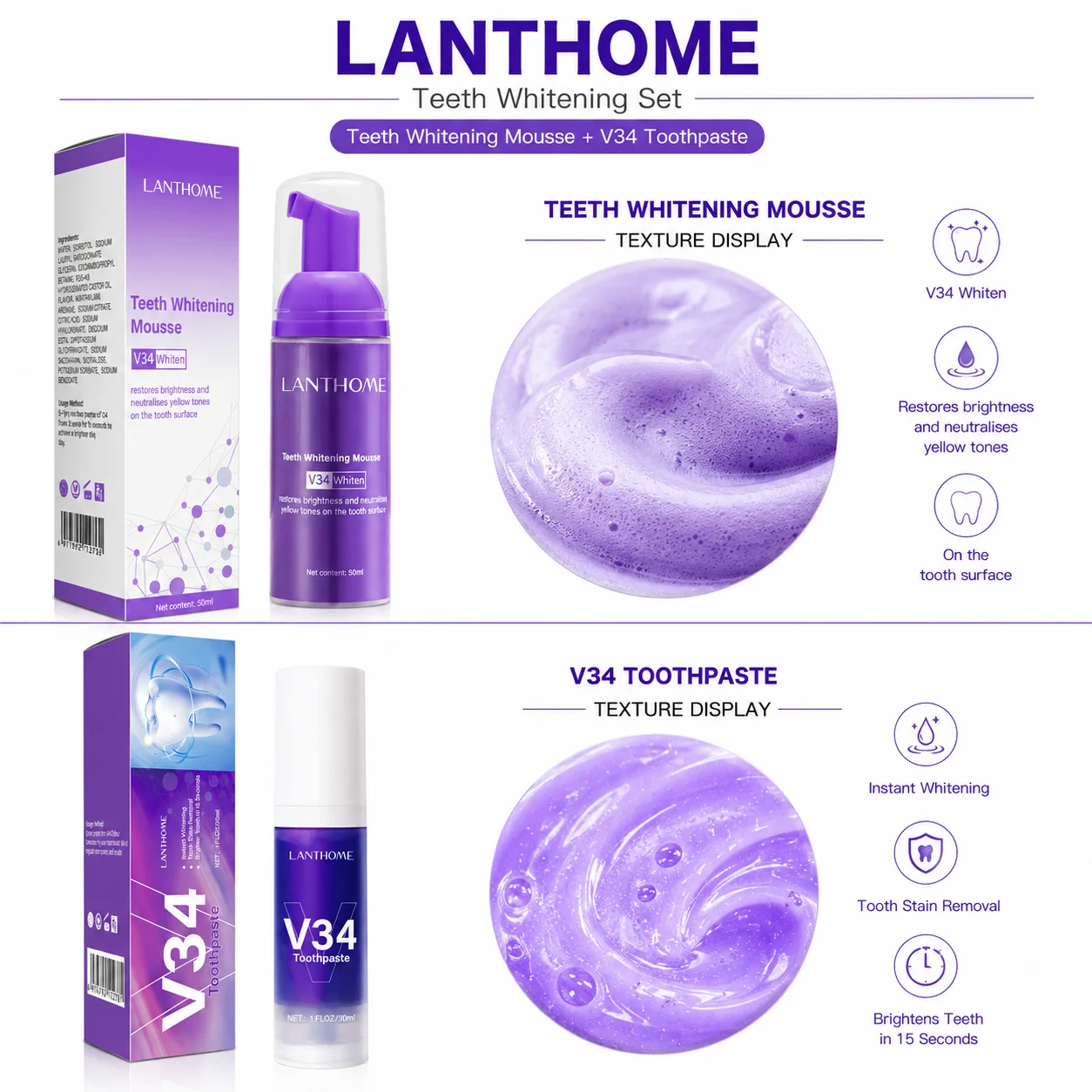V34 Paarse Tandenbleekmousse & - Teeth Whitening Mousse recensie en prijs