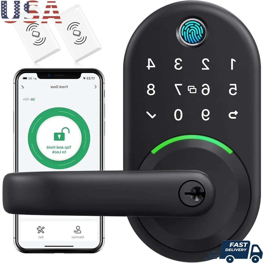 

Smart Door Handle Lock Fingerprint Keyless Entry Bluetooth APP Control Deadbolt with Temporary Access Management and Alexa