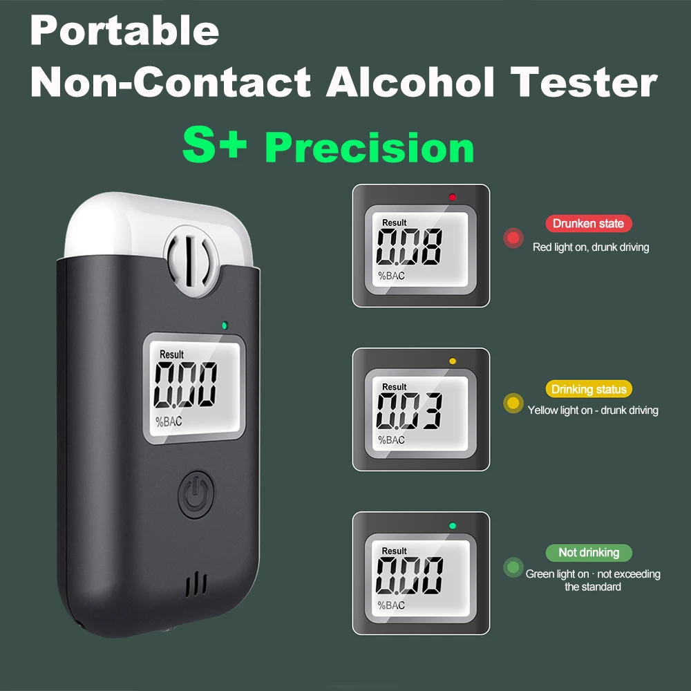 S+ Precision Alcohol Tester Non-contact Breathalyzer Alcometer Rechargeable LED Display with Emergency Light Alcohol Detector