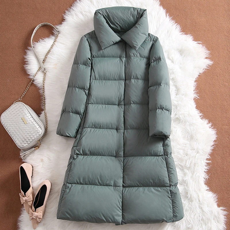 Hiver longue bouffante revers mince doudoune femmes blanc canard vers le bas genou longueur doudoune femme chaud fermeture éclair solide Parker outwear