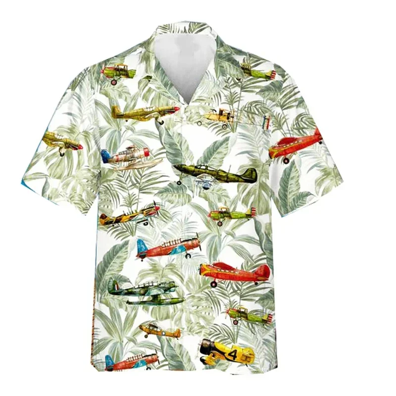 Vintage 3D Printed Fighter Plane Shirt For Men Clothing Hawaiian Beach Shirts Summer Short Sleeve Y2k Tops Clothes Lapel Blouse