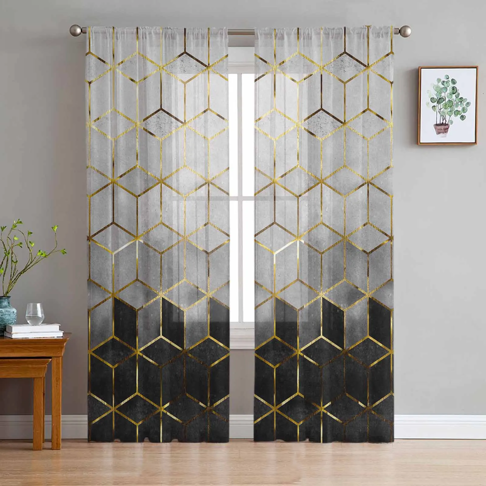 

Abstract Art Grey Stereoscopic Geometric Sheer Curtains for Living Room Bedroom Window Treatment Kitchen Chiffon Curtain