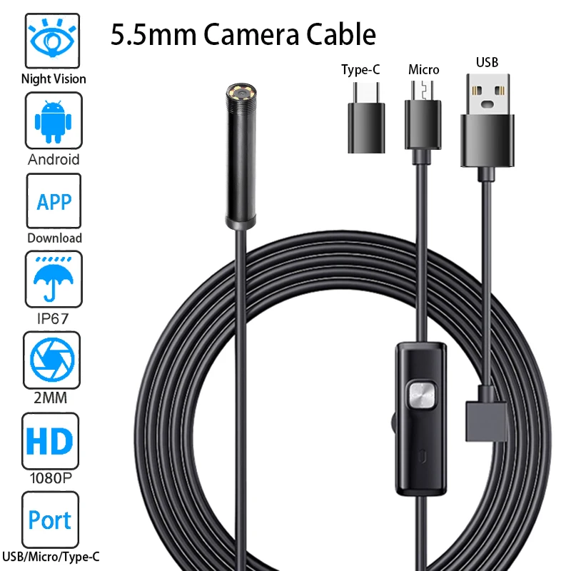 5.5mm Endoscopic Camera for Mobile 3in1 Type-c Micro USB c Borescope Mini Camera Piping Inspection Camera for Drain Pipe