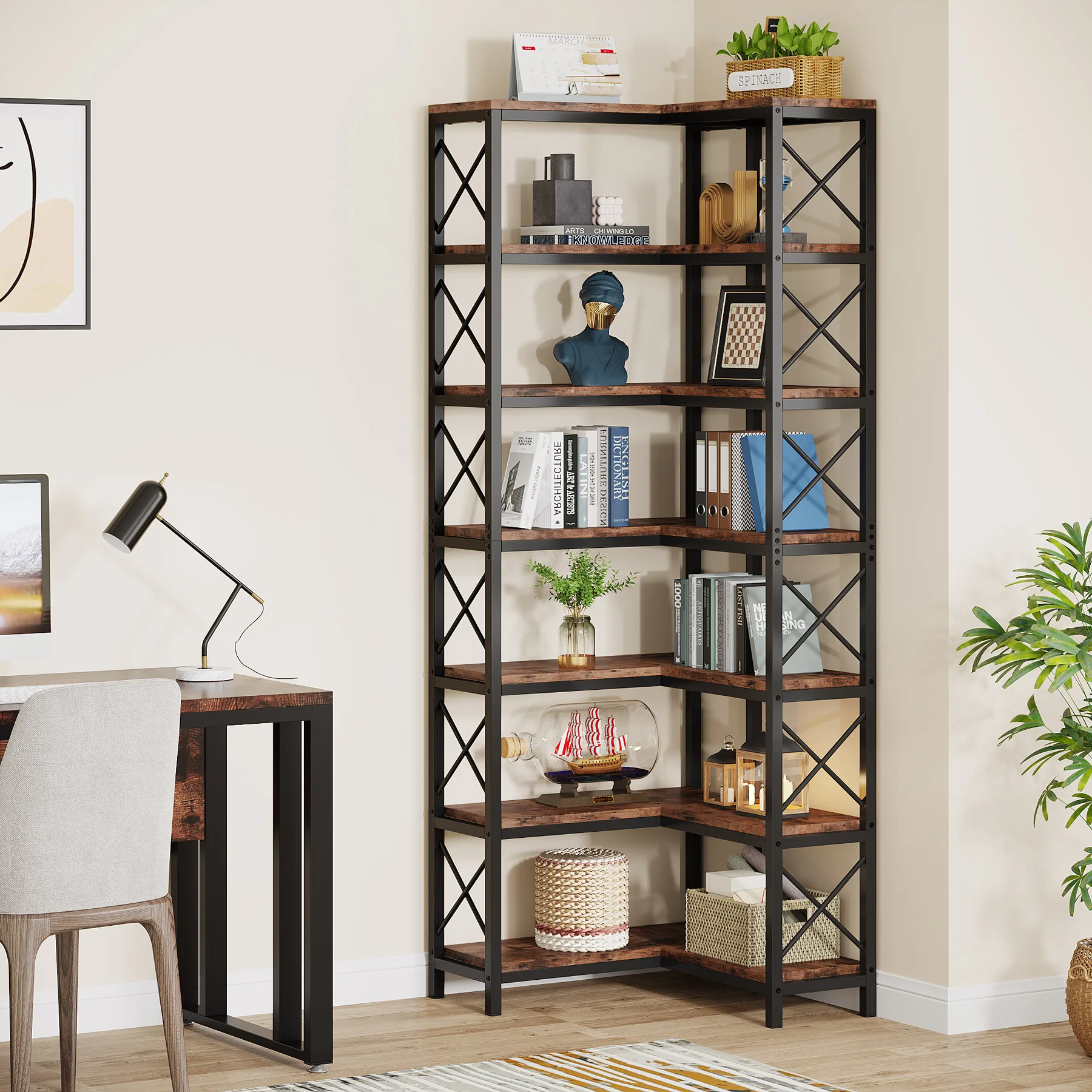 Tribesigns 7-Shelf Corner Bookshelf,Large Modern Corner Bookcase, 7-Tier Tall Corner Shelf Storage Display Rack with Metal Frame