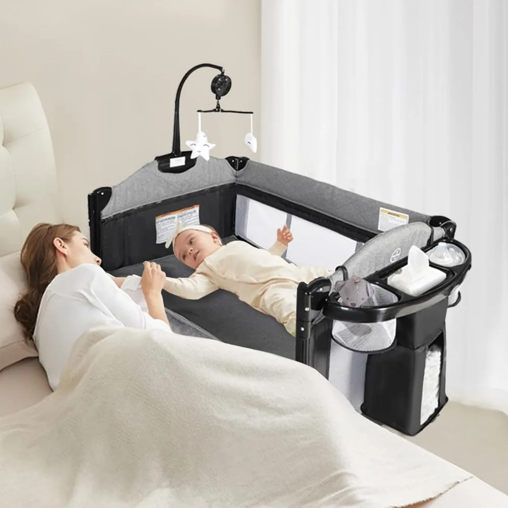 

4 in 1 Portable Nursery Center, Foldable Baby Bedside Crib w/Bassinet, Infant Pack n Play Playard Toddler Large Play