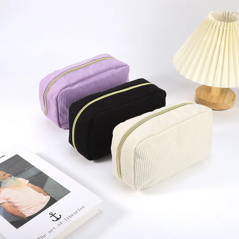 Corduroy Travel Cosmetic Bag Portable Wash Toiletry Storage Bag Pencil Case Large Capacity Solid Color Zipper Pouch Makeup Bag