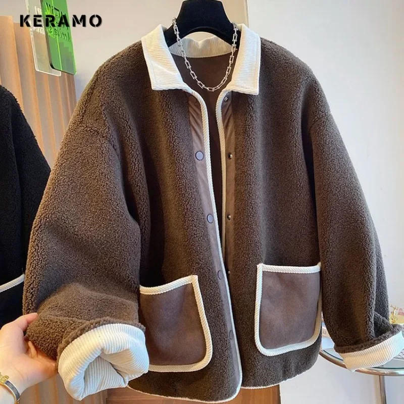 2024 Winter Vintage Style Single Breasted Pocket Loose Jacket For Women Patchwork Fashion Turn Down Collar Corduray Coat