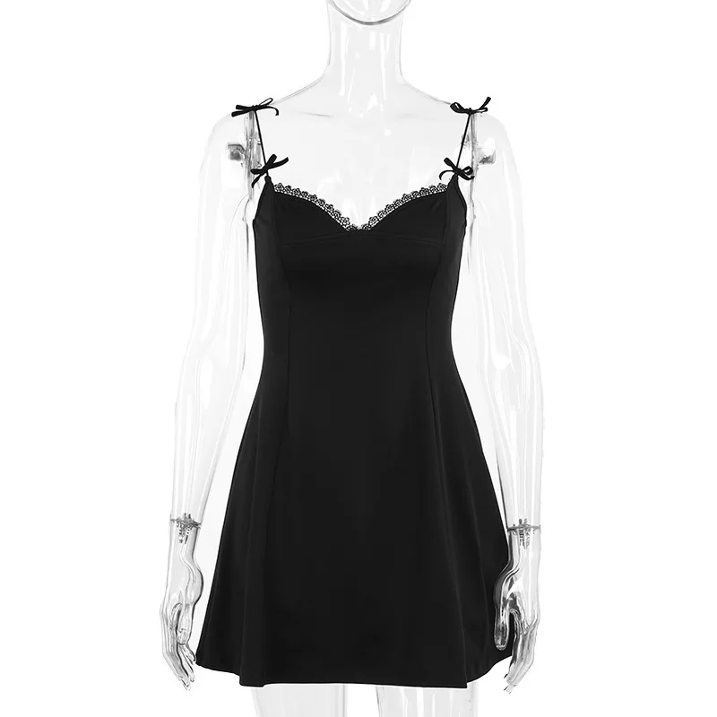 Sexy Sweet A-Line Mini Dress for Women Summer Slim Fit Black Spaghetti Strap Lace Trim Sleeveless Cami Dress