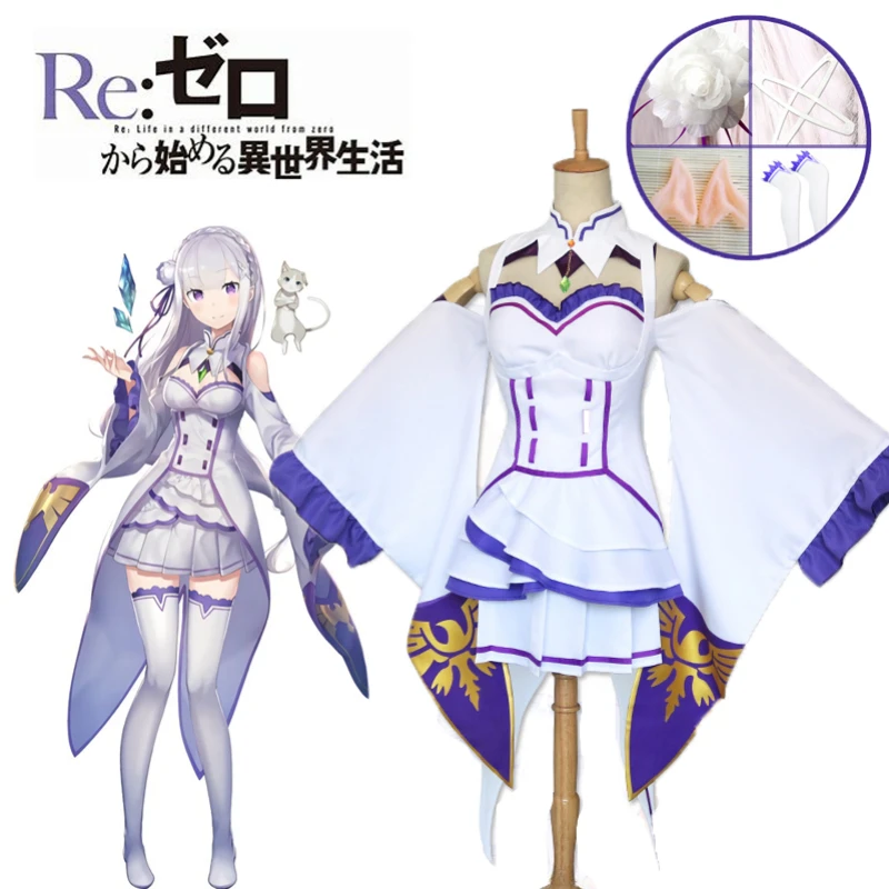 Anime Emilia Cosplay Rezero Costume Re Zero Emilia Cosplay Costume Cloak Wig Women Dress Halloween Costumes for Women