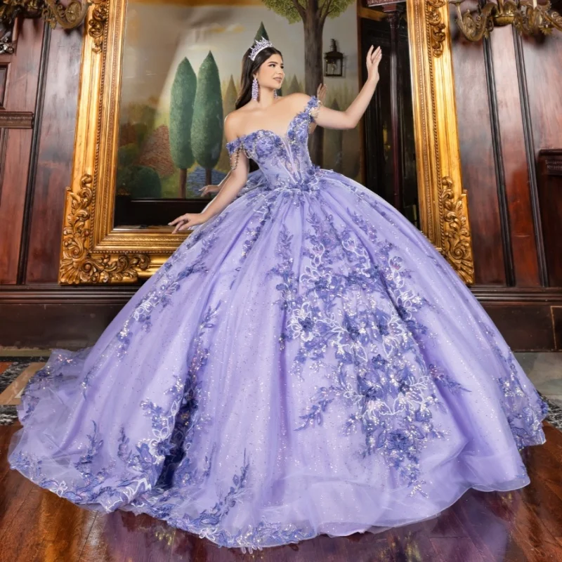 Лавандовое платье Quinceanera с открытыми плечами