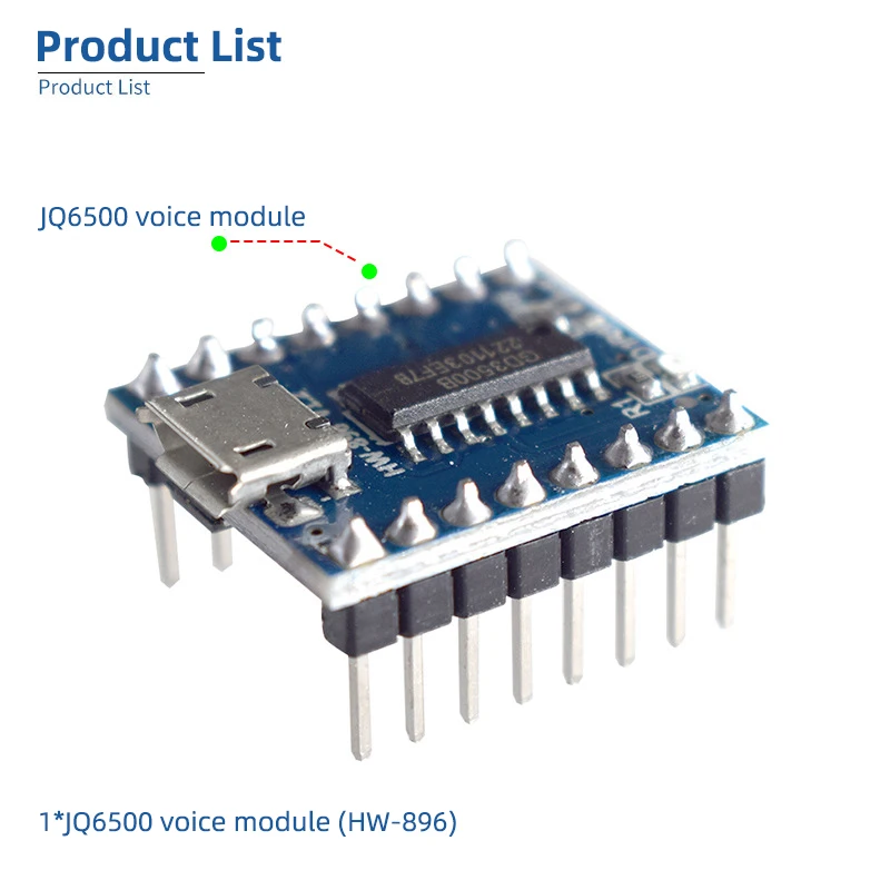 JQ6500 Voice Module MP3 Module MCU Serial Control Broadcast, One-to-One 5-Way Control, Music IC