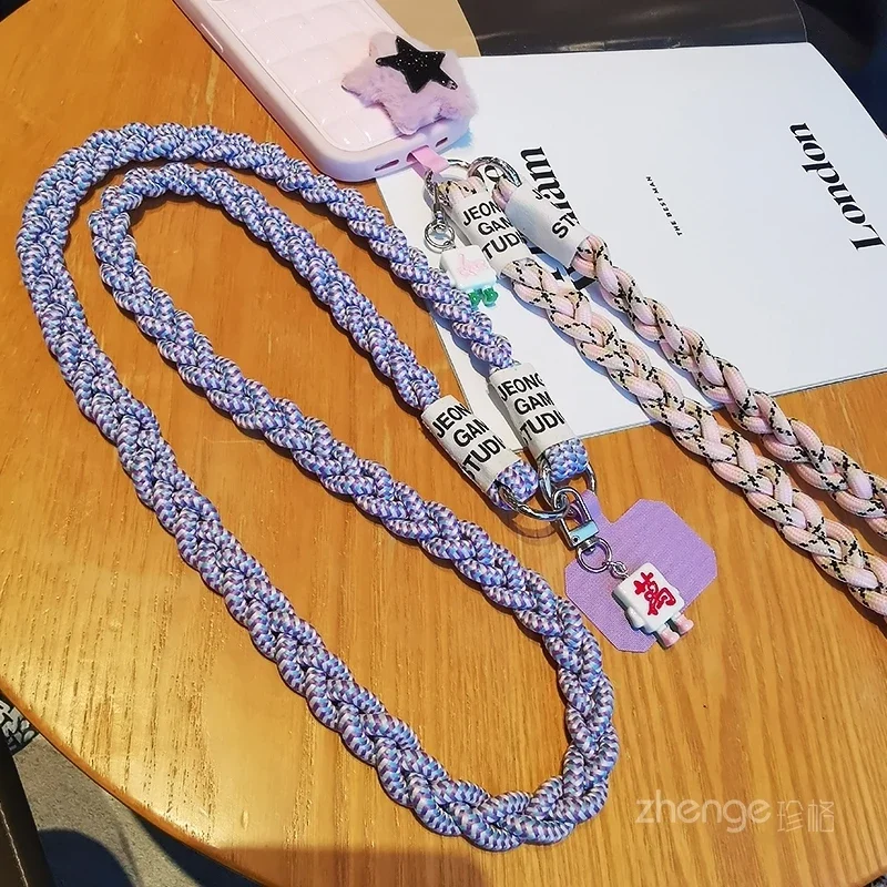 Colorful Woven Three Strand Ponytail Mobile Phone Lanyard with Cute Mahjong Pendant Decoration Crossbody Strap Universal Phone