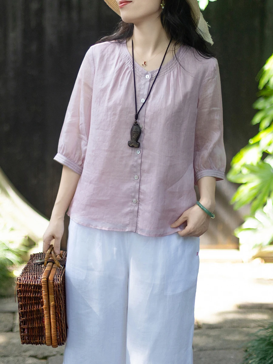 

Легкая шелковая розовая блузка Jiangnan Gentle с рукавом три четверти и круглым вырезом, женская, летняя, свободного кроя, в художественном стиле