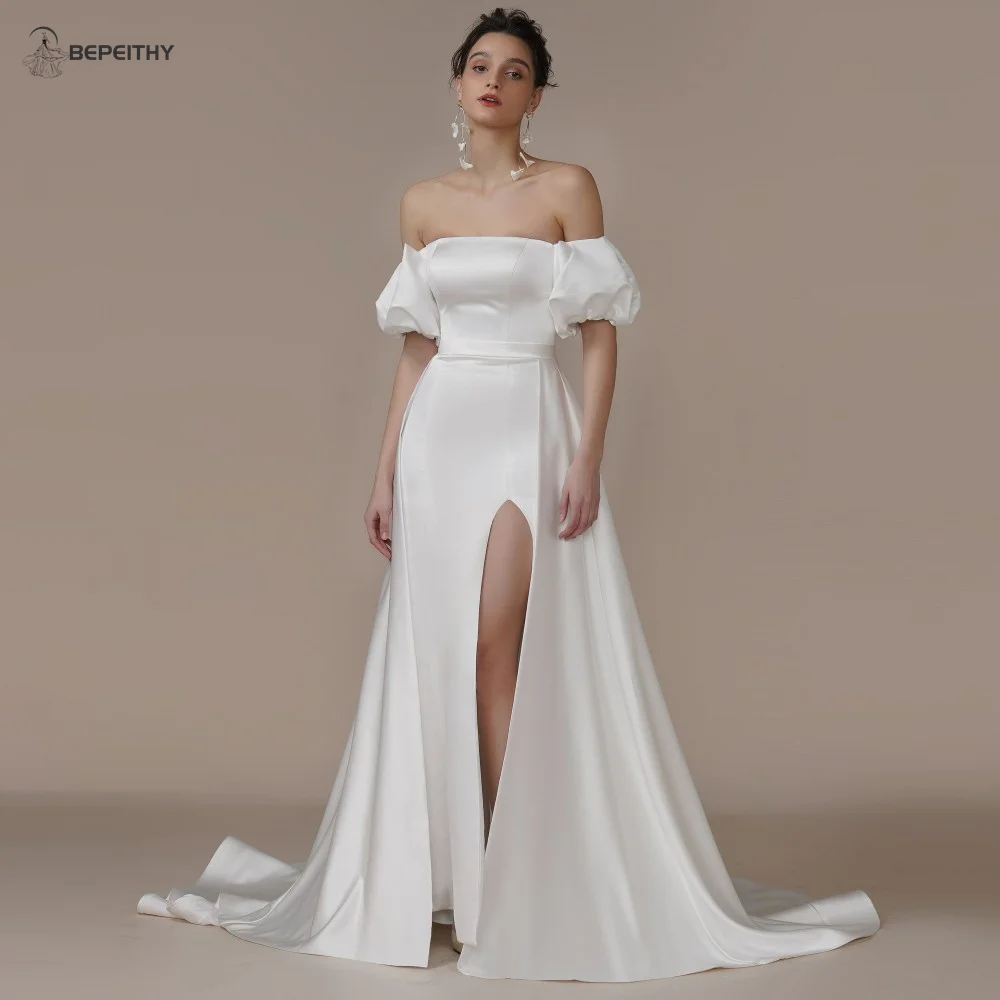 BEPEITHY Customized Satin Off Shoulder Long Evening Wedding Dress For Women Short Sleeves High Slit Sexy Bridal Prom Party Gown