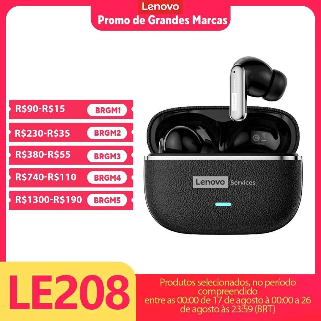 Fones de Ouvido Sem Fio Lenovo LE208 TWS Bluetooth 6.0 em Couro, Estéreo com Cancelamento de Ruído ENC, Headset para Jogos com Baixa Latência de 38ms