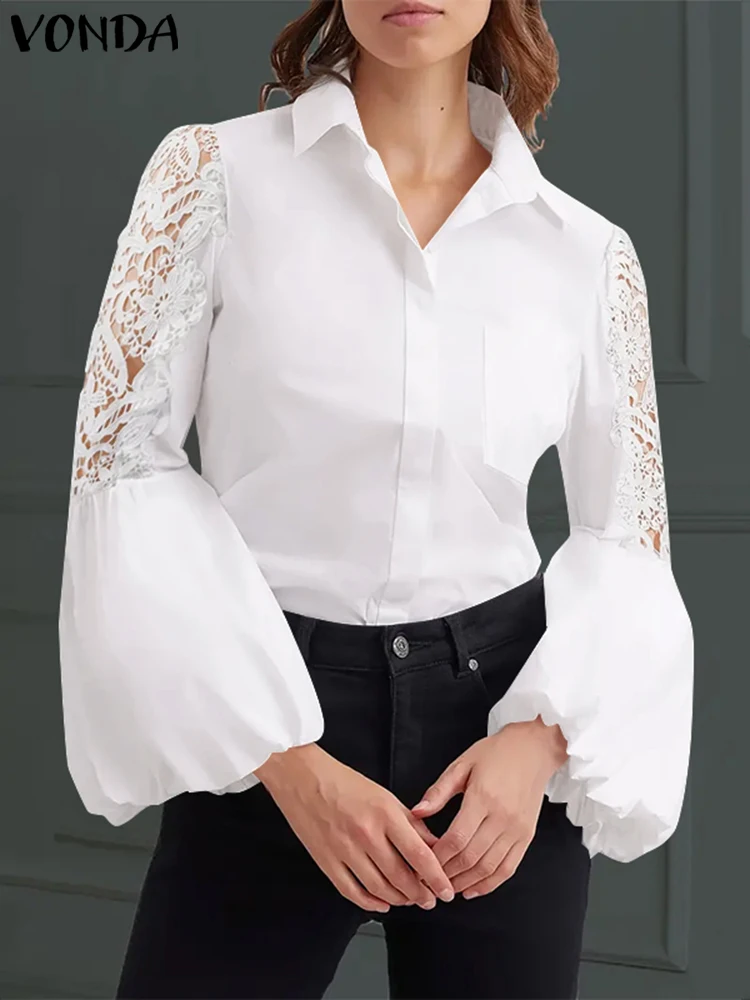 VONDA de talla grande para mujer, Tops de retazos de encaje, camisas informales con cuello vuelto, manga larga, blusa elegante calada para oficina 2024