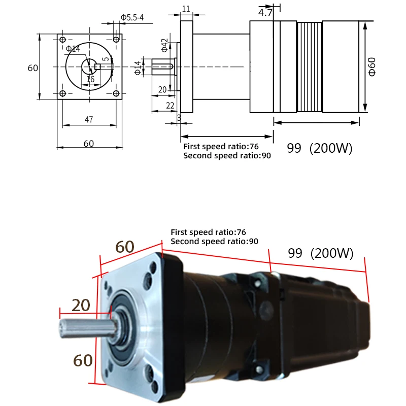 Low Speed Permanent Magnet Planetary Reducer Brushless Motor 24V 200W Positive Reversing BLDC Motor and Reducer and Driver Kits