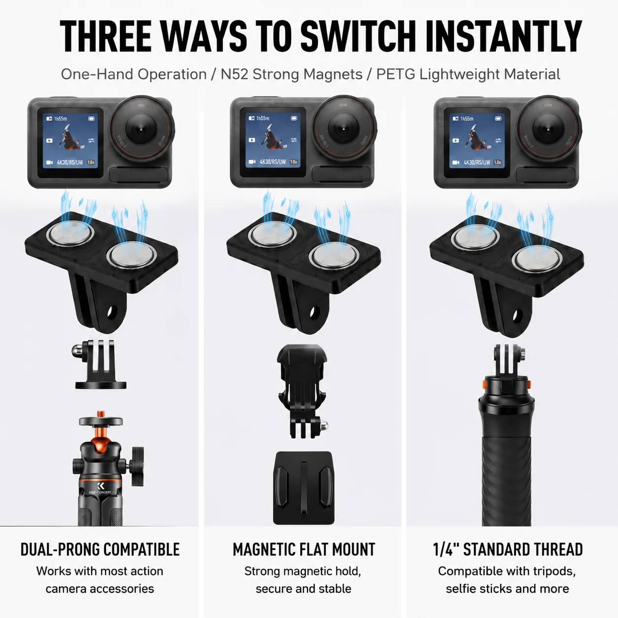 Magnetic Quick Release Mount for Action Camera, 0.1s Fast Snap Adapter, Dual Strong Magnet Holder, One-Hand Operation Bracket