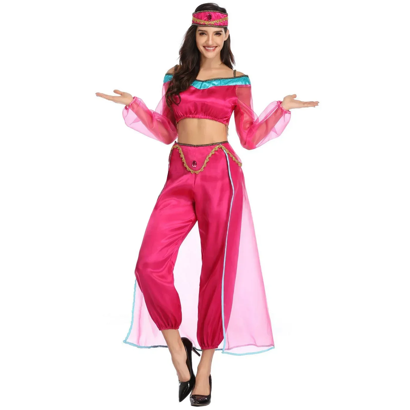 Anime Aladdin Cosplay Princess  Rose Outfits Women Belly Dance Fancy Dress Clothing Set Costume The Magic Lamp Halloween Jasmine