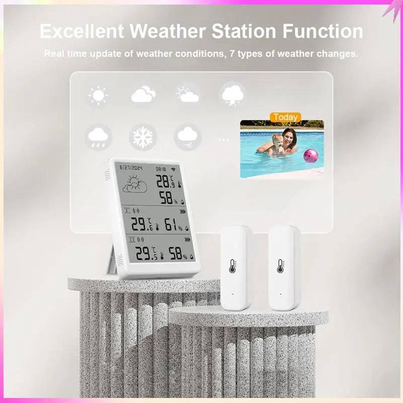 

B68C Tuya Wi-Fi метеостанция цифровой прогноз экрана с 6 датчиками Wi-Fi + RF433, термометр, гигрометр, поддержка голосового управления