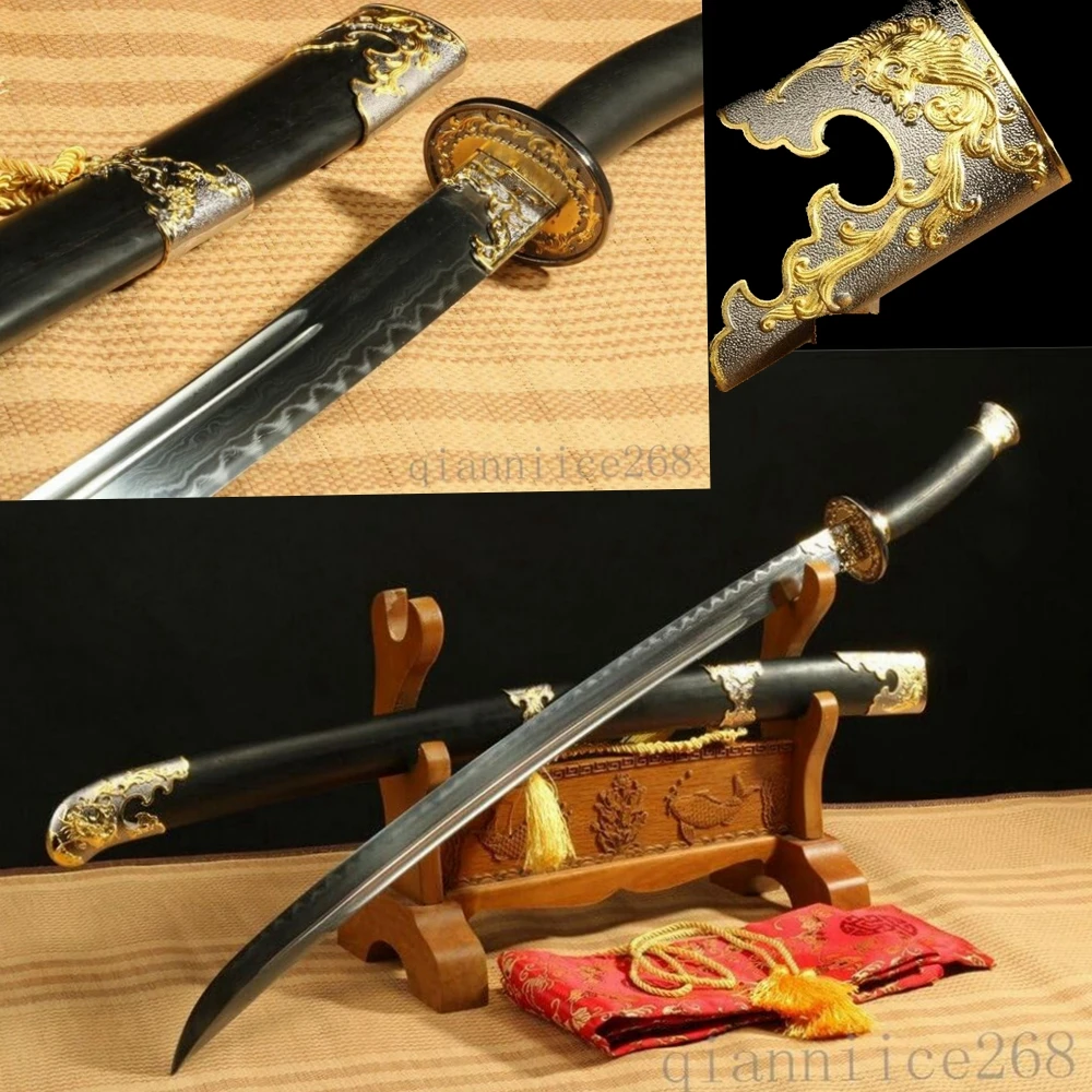 Black Saya Damascus Folded Steel Clay Tempered Handmade Blade Chinese phoenix Sword