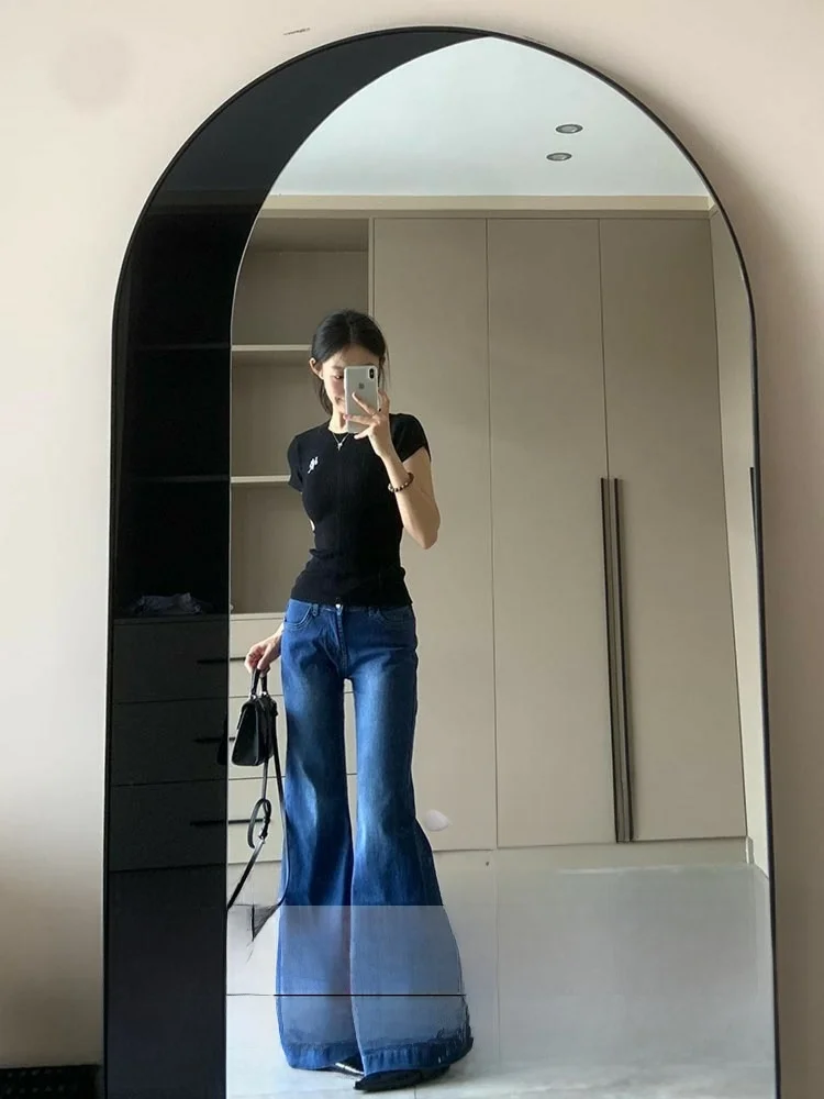 

High Waist Wide Leg Blue Washed Denim Jeans Women's Summer Slim Straight Floor Length Pants Casual Loose Fit Jeans