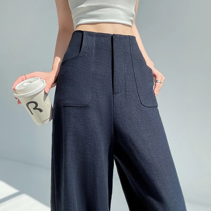 กางเกงขากว้างสําหรับผู้หญิงเอวสูงฤดูร้อนปี 2025 มีความรู้สึกเดรปสไตล์วินเทจทรงตรงลําลองกางเกงยาวพื้น