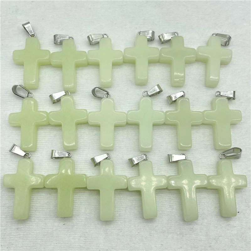 Natural Gem Stone Quartz Crystal Noctilucent Stone Fluorescence Cross Pendants For DIY Jewelry Making Necklace Accessories 12PCS