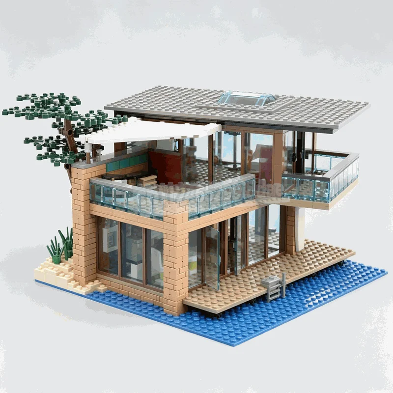 1057PCS Modern Beach House Modular MOC Creative Architecture Model Custom Puzzle DIY Assembly Toy Home Popular Decoration Gift