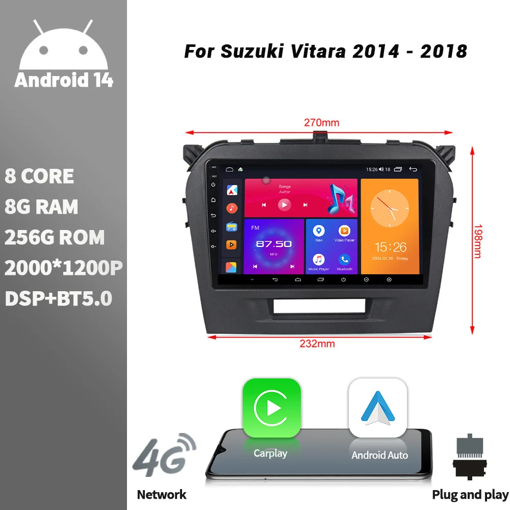 

Android Bluetooth Wireless CarPlay Touch Screen Stereo For Suzuki Vitara 2014 - 2018 Car Radio Multimedia Player Navigation