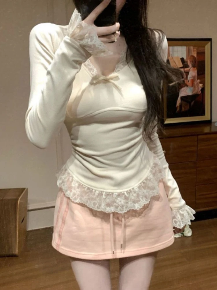 

Lace Patchwork Sweet Grunge Tops Harajuku Autumn Flare Sleeve Harajuku Bottoming T Shirt Y2k Aesthetics Sexy Bow Clothes E-girl