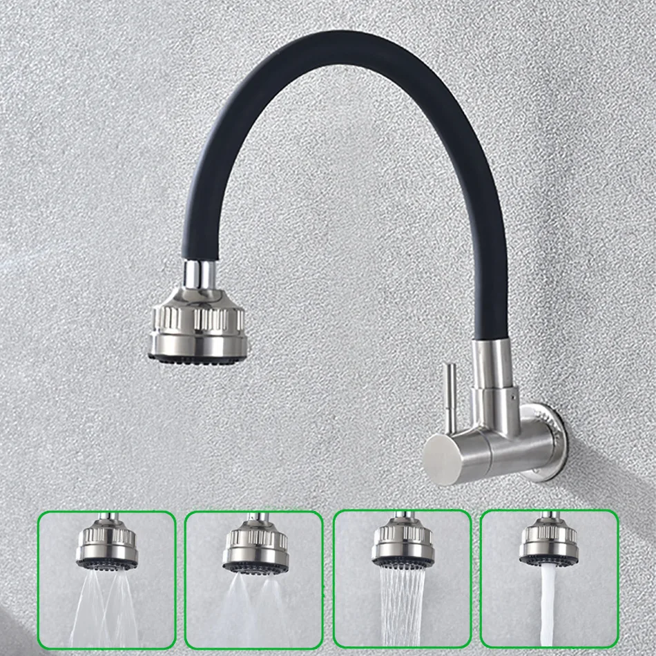 Wall Mounted Kitchen Sink Faucet Sprayer 304 Stainless Steel Universal Rotating Silicone Tube Single Cold Water Faucet Mixer Tap